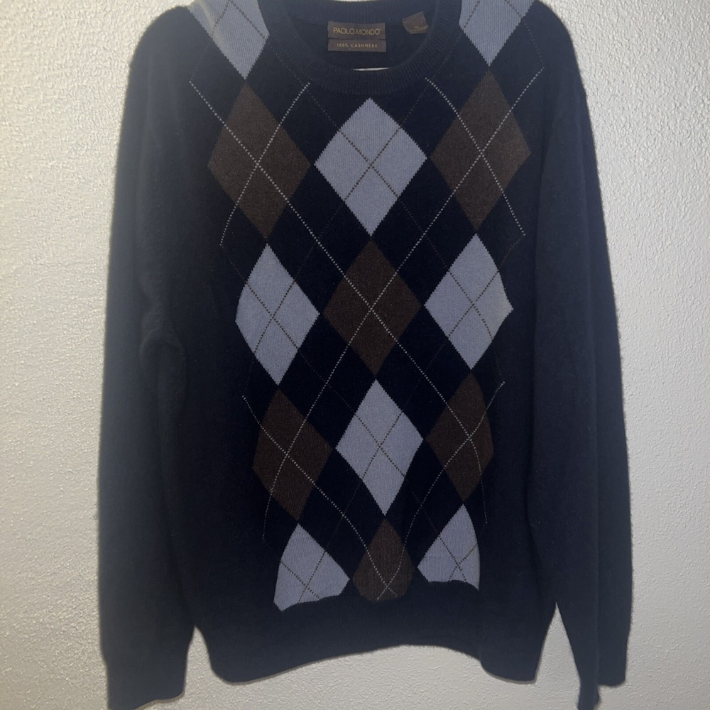 Paolo Mondo Sweater 100 Cashmere Men XL Brown Argyle Diamond V-Neck Soft Lux